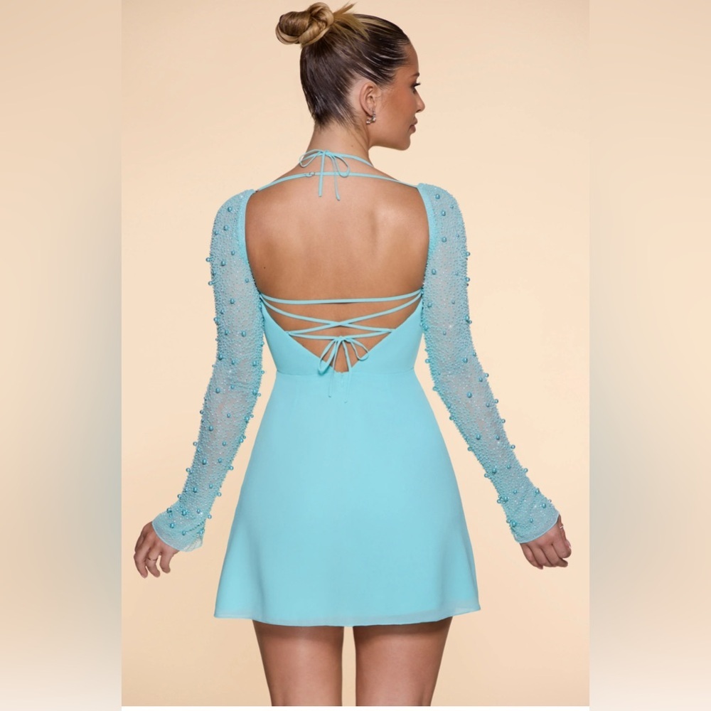 Oh Polly Light Blue Beaded Long Sleeve Dress - Picture 3 of 7